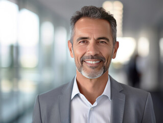 Naklejka premium Headshot close up portrait of indian or latin confident mature good looking middle age leader, ceo male businessman on blur office background. Handsome hispanic senior business man smiling at camera.