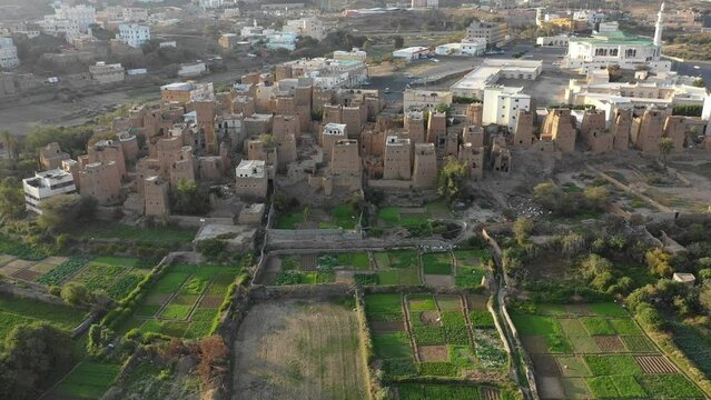Aerial view of the old town with mud houses  Dhahran Al Janub  Saudi Arabia