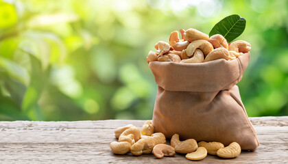 cashew nuts with leaf in bag on a wooden table with blurred garden background