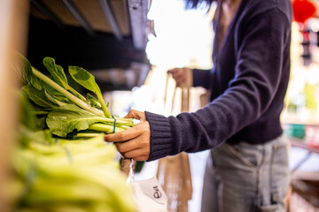 Asian woman buying fresh vegetables and groceries at a supermarket