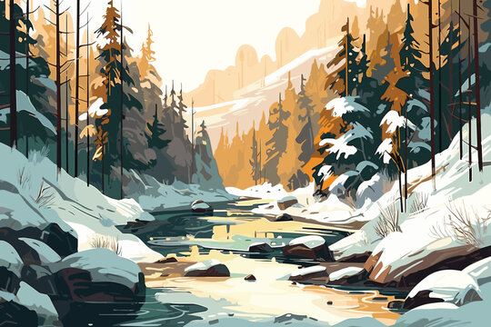 Beautiful winter landscape with rivers, trees, and mountains in the background illustrated with pastel colors. watercolor hand-painted vector art painting illustration