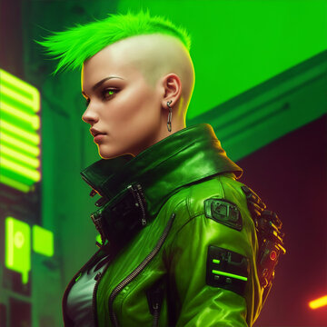 woman with lime green hair, cyberpunk, distopia background,leather jacket,robot