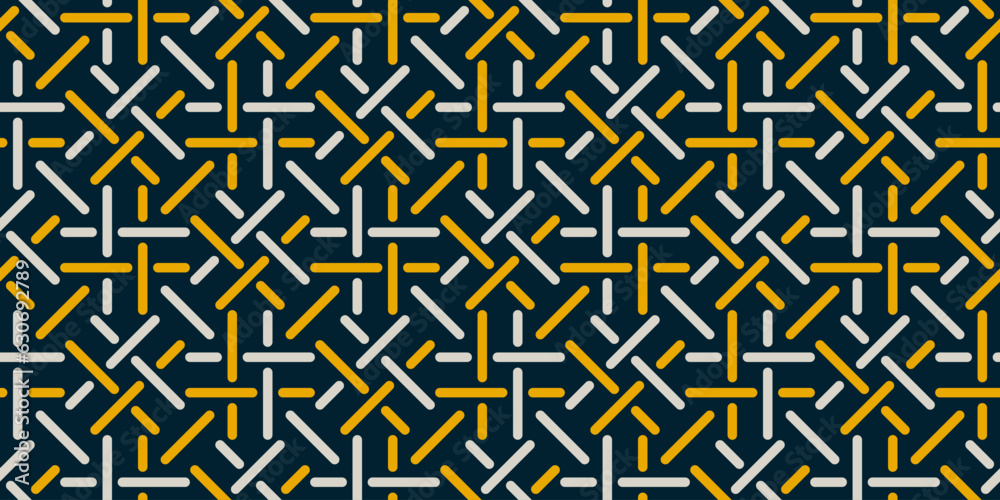 Poster Abstract geometric seamless pattern, vector elegant color rhythmic repeating texture with white-yellow braided ornament on a dark background