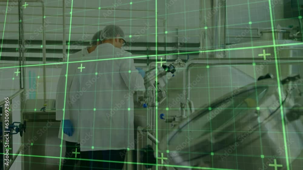 Poster animation of grid pattern, caucasian scientist noting temperature of containers in notepad