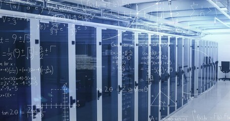 Animation of mathematical equation and diagrams over server racks in server room - Powered by Adobe