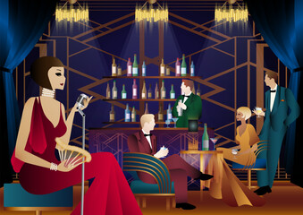 Party with a singer and a bartender in a club. Party invitation design in retro art deco style.