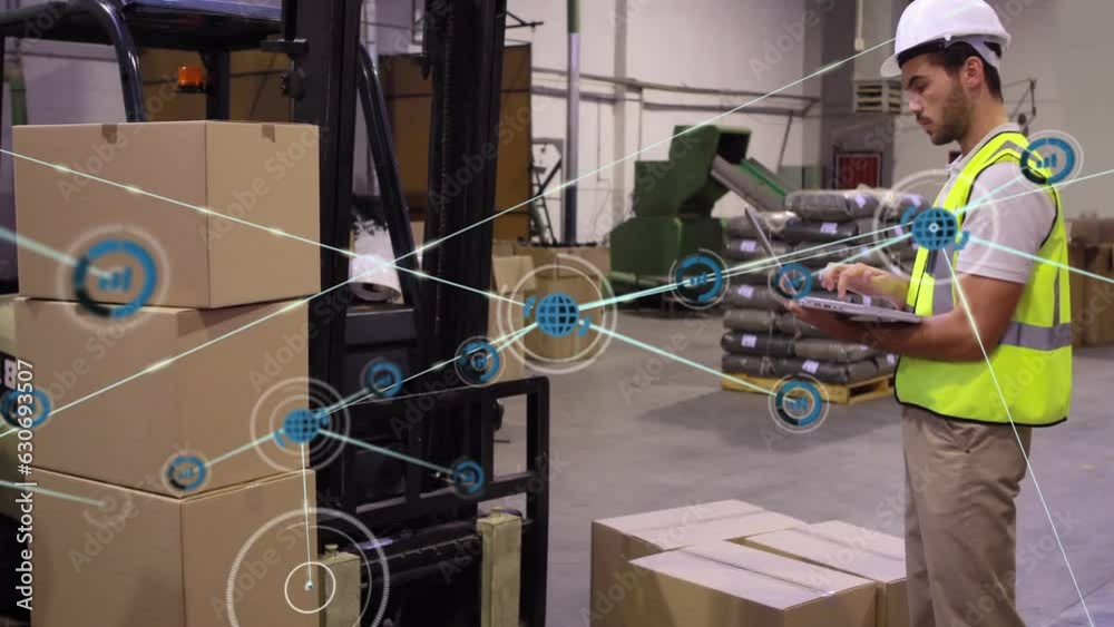 Poster animation of connected graph and globe over caucasian man using laptop and taking inventory