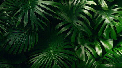 Monstera green leaves in dark tones background for creative design elements. Generative AI.