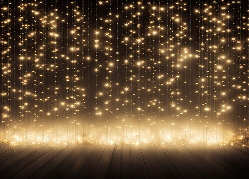 Abstract Christmas lights on black background. Defocused Glowing light bulb garland, copyspace. Created with Generative AI technology. - Powered by Adobe