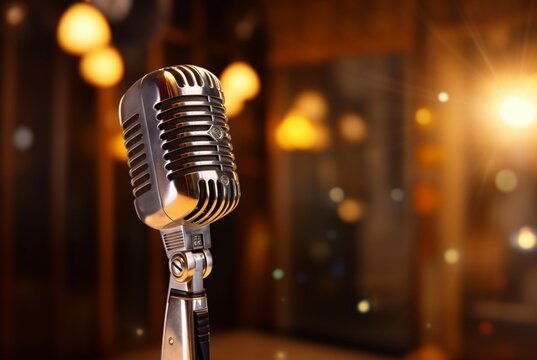 Retro microphone against blur colorful light restaurant background. Generative Ai