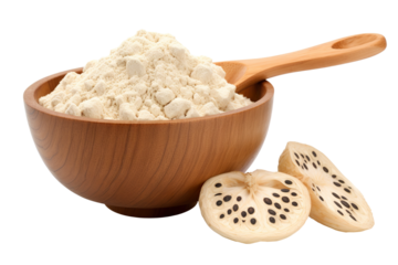 finely dried lotus root powder in a wooden bowl and spoon with lotus roots isolated on white background PNG
