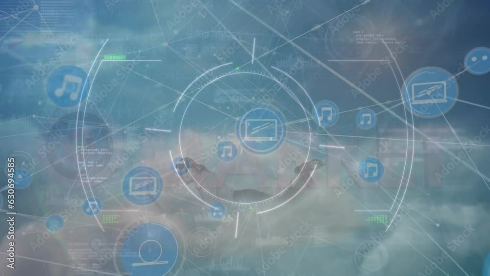 Poster animation of connected laptop and music icons with coding and scanner moving over clouds in sky