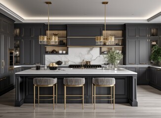 A luxurious kitchen with a large island, gold faucet and sputnik chandelier, stainless steel...