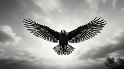 Artistic Black and White Photograph: Silhouette of Lone Bird in Flight Against Stark, Cloudy Sky. Generative Ai. 