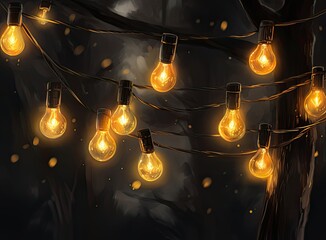 Abstract Christmas lights on black background. Defocused Glowing light bulb garland, copyspace. Created with Generative AI technology.