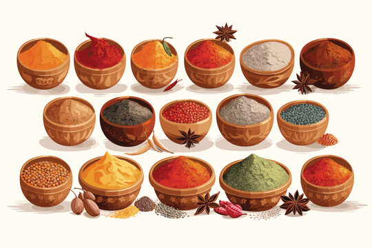 Colorful herbs and spices for cooking dishes. Indian and Asian spices On grey stone background closeup watercolor hand-painted vector art painting illustration
