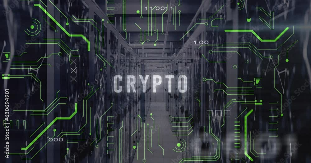 Poster animation of crypto text, x sign, binary codes and circuit board patterns over server room