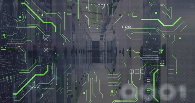 Animation of x symbol with binary codes and circuit board patterns over server room