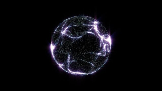 Abstract looped energy sphere of particles and waves of magical glowing on a dark background, video 4k