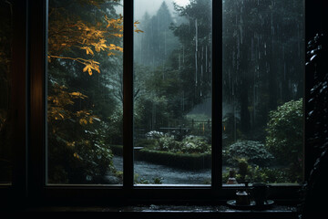 photograph taken from indoors, showcasing a view of the rain falling outside through a misted window Generative AI