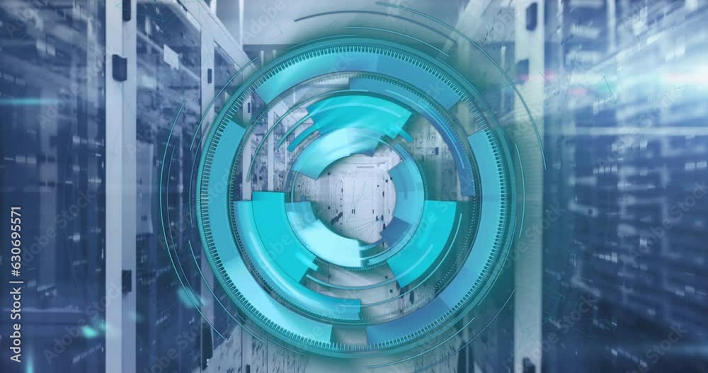 Aufkleber animation of loading circles and illuminated patterns moving on data racks in server room