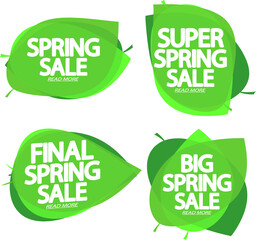 Spring sale banners. Set discount tags on transparent background, PNG 