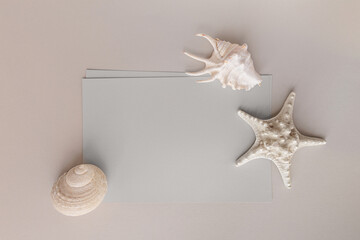 Summer marine neutral stationery, desktop mock-up scene. Blank greeting card, gray paper and three shells on beige table background. Top view, flat lay.