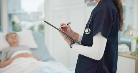 Checklist, hospital and bed with nurse writing healthcare information, clinic charts and senior patient progress. ADN expert, professional person or doctor hands with clipboard for medical report - Powered by Adobe