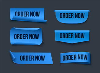 Order now blue stickers. Offer tags isolated on black background - 630696902