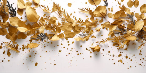 Christmas mockup with golden confetti, fir branches, Xmas decoration on beige. Advent calendar. New Years template.Top view. flat lay. Winter Holidays background with copy space.Generative ai