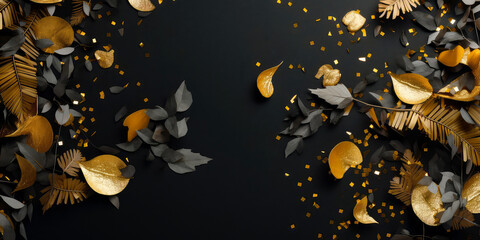 Christmas mockup with golden confetti, fir branches, cones, Xmas decoration on black. Advent calendar. New Years template.Top view. flat lay. Winter Holidays background with copy space.Generative ai