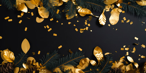 Christmas mockup with golden confetti, fir branches, cones, Xmas decoration on black. Advent calendar. New Years template.Top view. flat lay. Winter Holidays background with copy space.Generative ai
