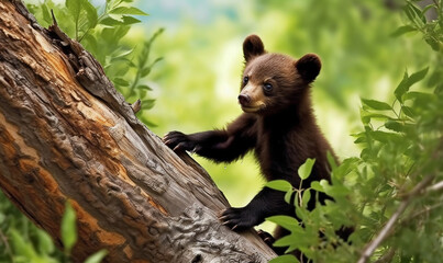 Obraz premium A bear cub frolicking by a calm river, clumsily climbing trees and exploring its surroundings