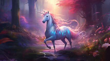 Beautiful unicorn in a magical forest