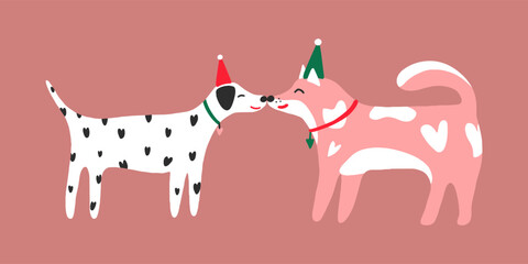 Cute funny cartoon kissing dogs in party hat. Postcard with Dalmatian and Shiba Inu. Vector illustration in for postcards, printing, covering, t shirts.