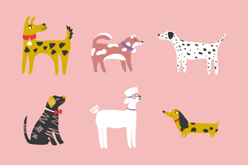 Bundle of cute funny cartoon dogs. Set with Dalmatian, Shiba Inu, dachshund. Vector illustration in for postcards, printing, covering, t shirts, stickers.