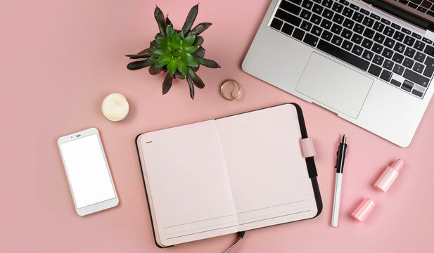 Modern Home Office Scene Laptop, Smartphone, and Feminine Accessories on Blush Background  Adobe Stock, desk with laptop