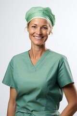 Smiling woman in green nurse's outfit on white background