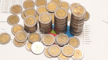 Pile of money or coins with graph paper is the background,Business growth concept,Concept for account and finance, Thai baht coins concept,Media or Advertising revenue concept