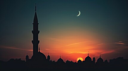 Beautiful Dark Silhouette of a Muslim Mosque with a Crescent on the Spire at Sunset as the Background: Generative AI
