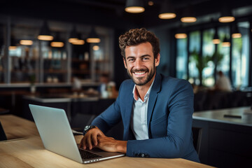 Fototapeta premium Lifestyle, occupation concept. Beautiful and happy young man working with computer in cozy place. Generative AI