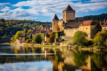 Discovering the Charm of Castelnaud-La-Chapelle: An Ancient French Village in Dordogne's Mediaeval Architecture (3:2 ratio): Generative AI - obrazy, fototapety, plakaty
