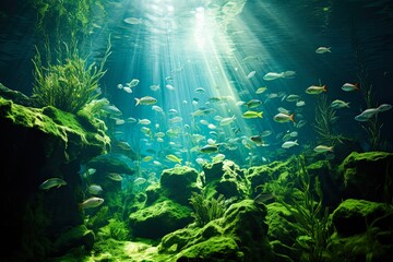 Fototapeta na wymiar Freshwater Green Oasis: A Serene Underwater Landscape of a Lake Ecosystem with Algae and Aquatic Life in Emerald Waters: Generative AI