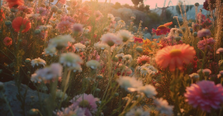 Fototapeta na wymiar beautiful pink meadow nature blooming sunset background flower summer field violet. Generative AI.