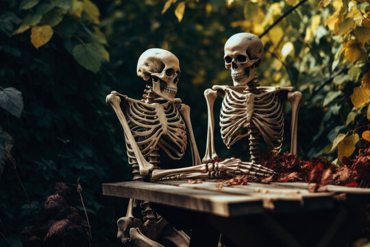 skeleton couple talking outdoors