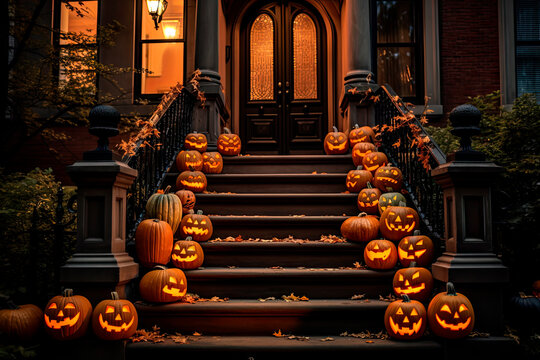 halloween pumpkins decorating on stoop in the house at night