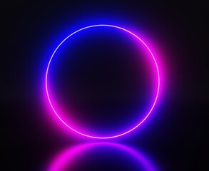 Neon circle light frame, empty blue pink gradient banner, round glow ring with reflection on black background 3d render. Night club or casino electric signboard with glowing border. 3D illustration