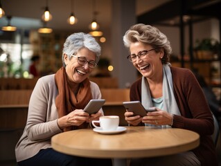 Senior Females Connecting Through Phones at Coffee Table