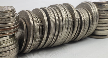 Silver coins from different countries and times - standing coins, macro