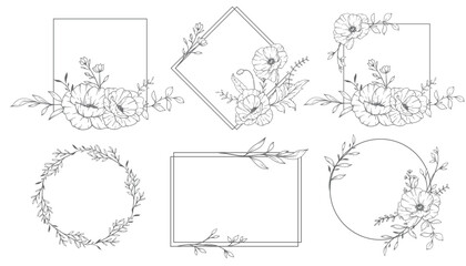 Floral Frames Line Art, Fine Line Poppy Frames Hand Drawn Illustration. Outline Leaves and Flowers. 